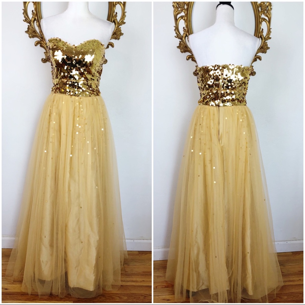 Gold Sequined Strapless Long Dress Size M